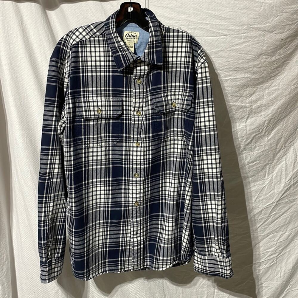 Orton Brothers L navy white plaid oversized button down long sleeve shirt euc